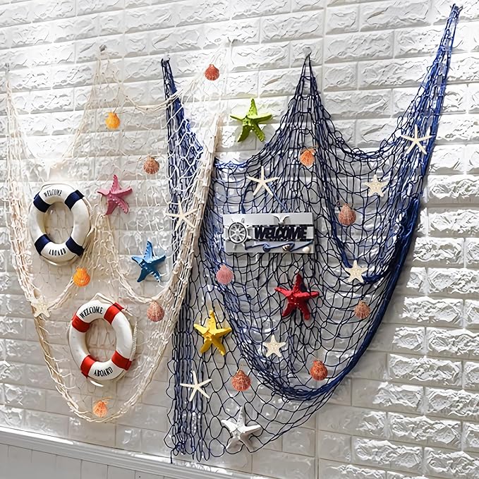 Fangoo 79x39 Inch Nautical Fishing Net Wall Decorations for Under the Sea Party with Shells and Starfish Crafts Bathroom Ceiling Table Decor for Beach Ocean Pirate Wedding Themed Party (blue)