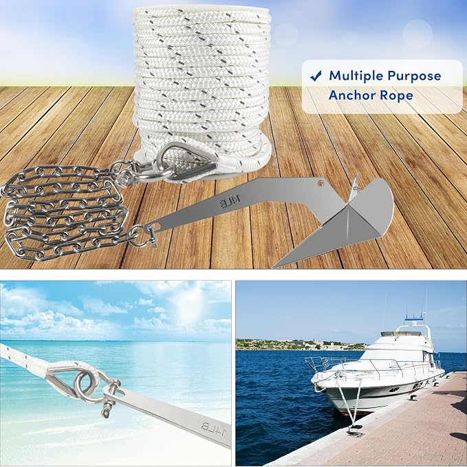 Anchor Rope 150 ft x 1/2 inch White, Double Braided Anchor Line with Stainless Steel Thimble & Shackle, Boat Rope with Reflective Strip Ideal for Towing,Mooring,Anchoring,for Boats Up to 35'