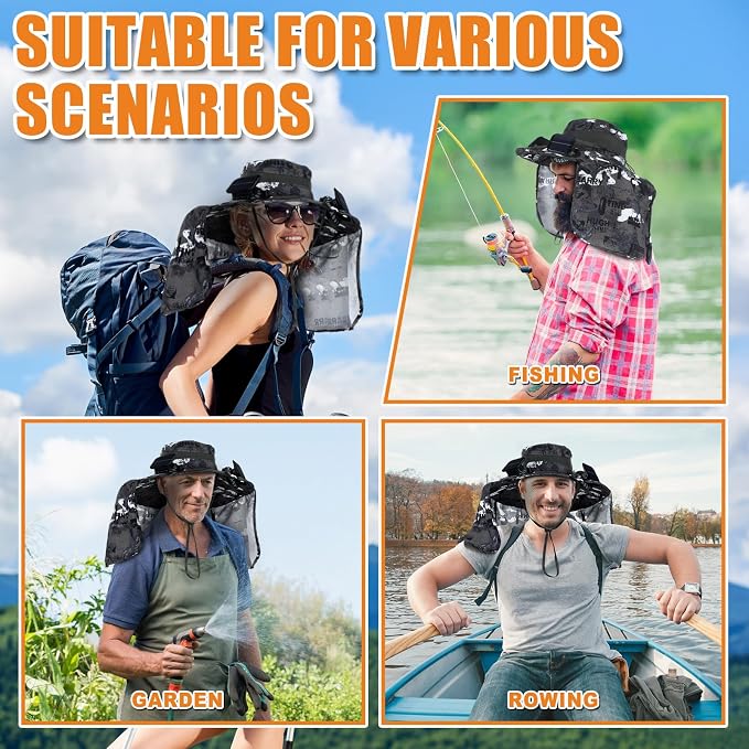 Chuarry Wide Brim Sun Hat with 2 Solar Fans and Neck Flap Outdoor Solar Powered USB Charging Bucket Fishing Hat for Men Women