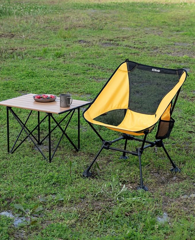 iClimb Ultralight Compact Camping Folding Beach Chair with Anti-Sinking Large Feet and Back Support Webbing (Yellow - Square Frame - 2PC)
