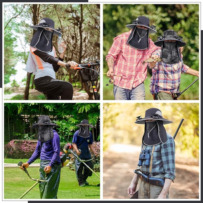 Glitopper 2 Pcs Solar Fan Hat with 2 Fan Wide Brim Removable Face Cover Cooling Fishing Buckets Hats