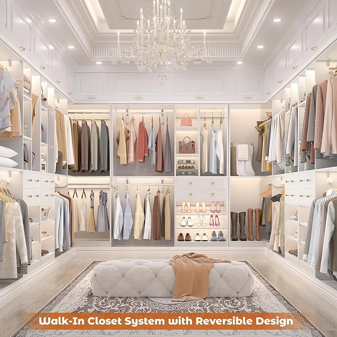 Closet System with 2 Drawers, 5 Hanging Robs, 4 Adjustable Shelves, 90.5"*31.5" Closet Organizer System with Corner Tower, L-shape Walk-in Closet System, Corner Closet System Set of 2, White