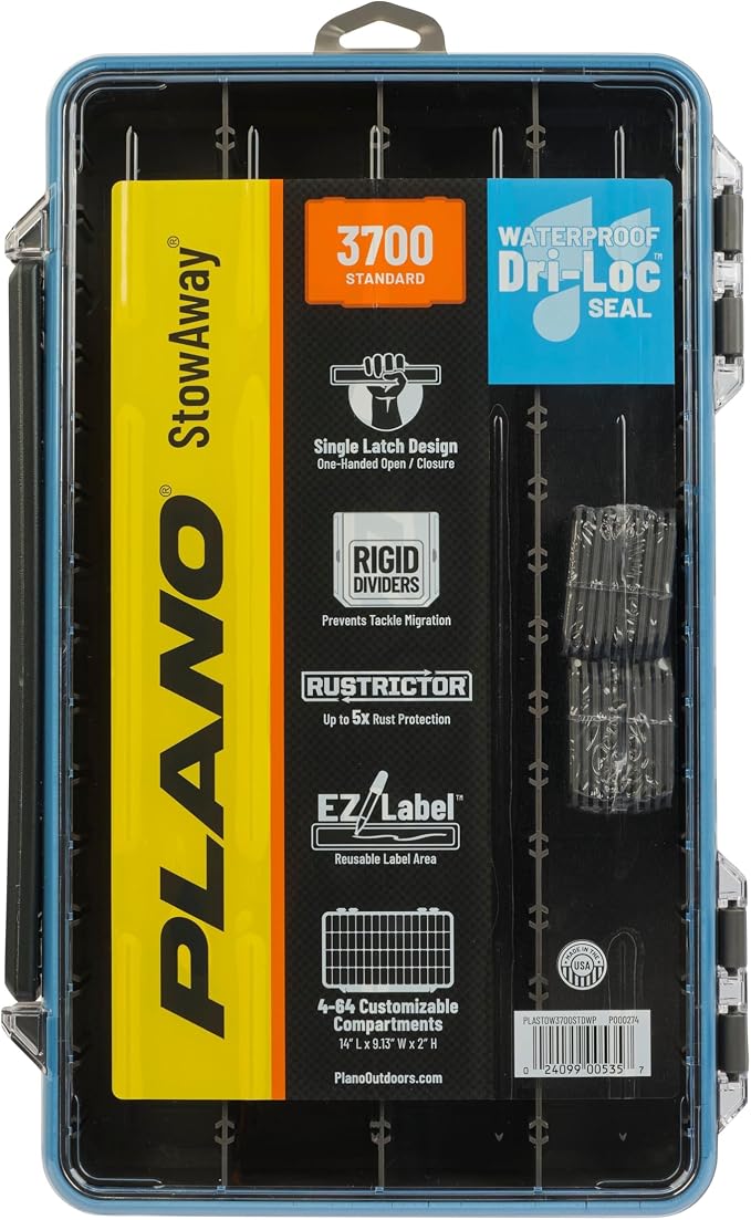 Plano StowAway 3700 Waterproof Stow Tackle Box, IPX7 Waterproof, with Rustricor, Single Latch Design, Transparent DuraView Lid, Stackable Storage for Fishing Bait, Lures and Gear
