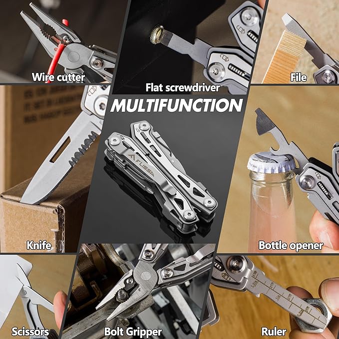 FLISSA 16-in-1 Stainless Steel Multi Tool, Gifts for Men Dad, EDC Multitool with Pocket Knife, Pliers, Belt Clip and Oxford Sheath, Self-locking Utility Multi-Tool for Camping Survival Outdoor