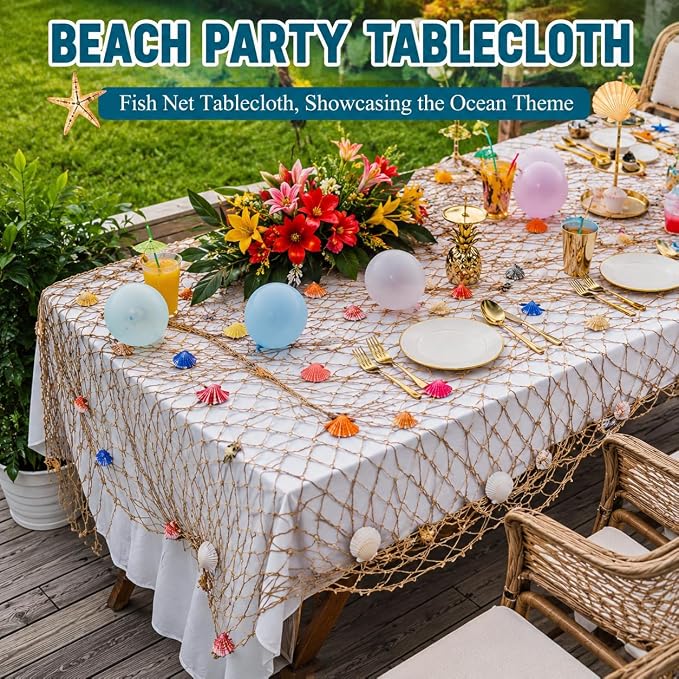 2 Pack Fish Net Decorations for Party, Natural Cotton Hawaiian Table Runner Party Fishing Net Decorative, Nautical Themed Cotton Fishnet Under The Sea Pirate Ocean Beach Decor