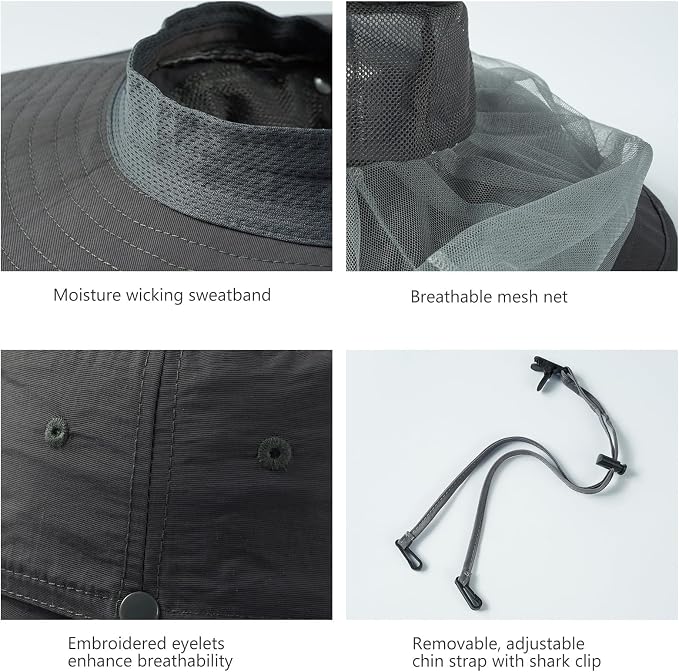 BASSDASH UPF 50+ Mosquito Sun Hat with Hidden Head Net and Neck Flap for Men Women Outdoor Fishing Hiking Camping