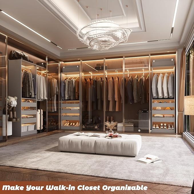60" Wide x 80" Tall Closet System with 3 Half-Open Wooden Drawers, 5FT Closet Organizer System with 2 Hanging Rods & Removable Tower, Freestanding Wardrobe Organizer for Walk-in Bedroom, Grey