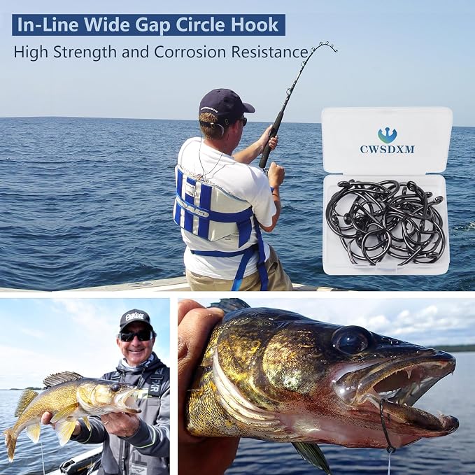 Circle Hooks Saltwater in-Line Wide Gap Fishing Hooks for Catfish 4X Strong High Carbon Steel Mustad Hooks for Tuna, Carp, Catfish,【1,1/0,2/0,3/0,4/0,5/0,6/0】-20pcs,【8/0】-12pcs,【10/0】-8pcs