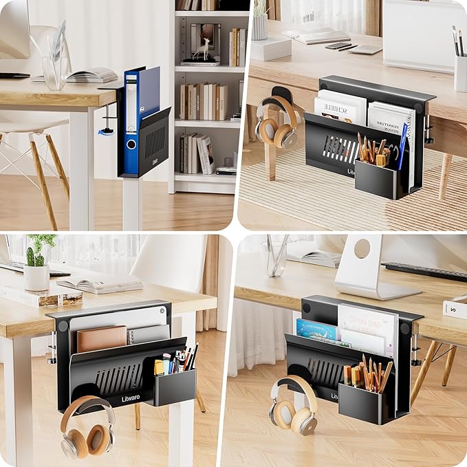 Litwaro Desk Side Storage, No Drill Laptop Holder with Magnetic Pen Holder, Clamp on Laptop Mount with Sticky Headphone Stand, Hanging Organizer for Office, Fits Flat Table Edge 0.4" to 2" (Black) | No Drill, Magnetic Pen Holder, Fits Flat Table Edge