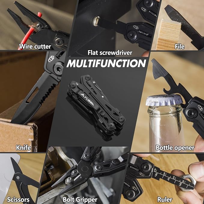FLISSA 16-in-1 Stainless Steel Multi Tool, Gifts for Men Dad, EDC Multitool with Pocket Knife, Pliers, Belt Clip and Oxford Sheath, Self-locking Utility Multi-Tool for Camping Survival Outdoor