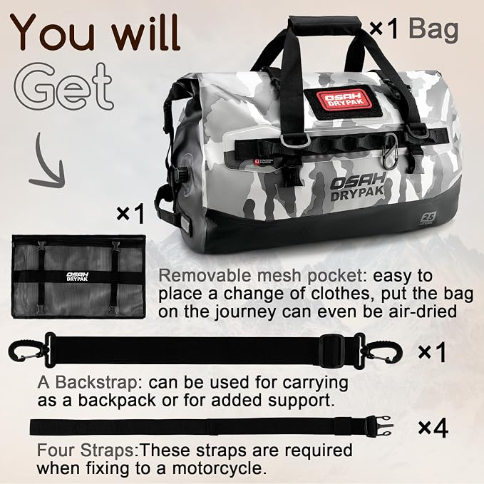 OSAH DRYPAK Waterproof Duffel Bag 25L/40L/60L β Heavy-Duty Motorcycle Tail Bag, Roll-Top Dry Bag for Travel, Camping, Boating, Kayaking, Outdoor Adventure