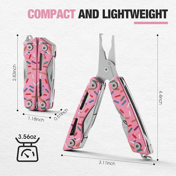 VIRENKNIFE 13-in-1Multi Tool Pliers, Stainless Steel Mini EDC Multitool with Pocket Knife,Screwdriver,Bottle Opener,Fishing Hook Sharpener,Perfect for Camping, Hiking, Fishing(Donut)