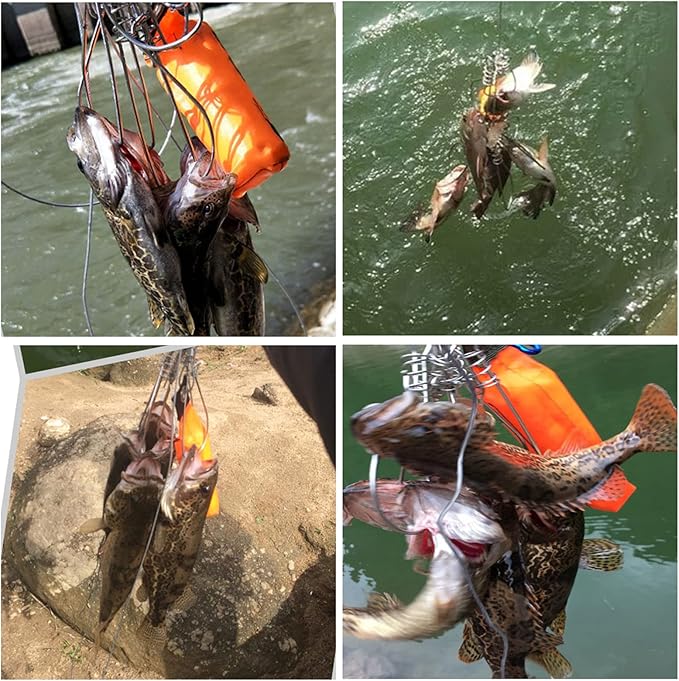 Fishing Stringer Live Fish Lock, Stainless Steel Fish Stringer Clip, Big Fish Wire Rope Cable with Float and Plastic Handle, Fishing Holder Kit with High Strength 10 Snaps/Buckles