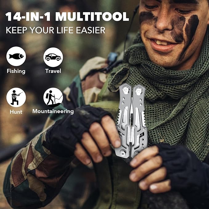 14-In-1 Multitool Pliers,Premium Portable Multi Tool ,with Safety Locking Professional Stainless Steel Multitool Pliers Pocket Knife,Apply to Survival, Camping,
