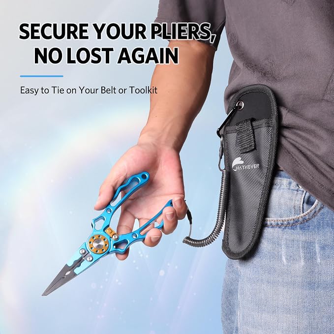 Fishing Pliers Saltwater, Split Ring Pliers Hook Remover with Safety Lock, Fishing Tools with Sheath and Lanyard, Fishing Gifts for Men
