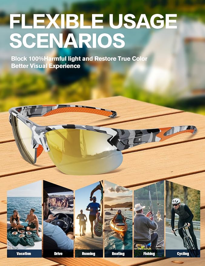 BIRCEN Mens Polarized Sunglasses for Sports: TR90 Lightweight Sun Glasses Wrap Around Shades for Fishing Driving Cycling