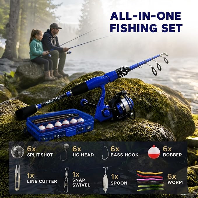 DaddyGoFish Spinning Fishing Rod and Reel Combo Set with Tackle Box | Kids Fishing Pole | Carbon Fiber Telescopic Fishing Rod Kit | Spinning Reel for Travel Saltwater Freshwater Fishing Gear Kit