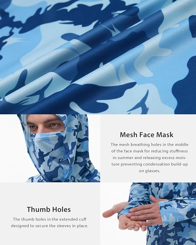 FISHEAL Men's Performance Fishing Hoodie Shirt - UPF 50+ Sun Protection Long Sleeve Thumbholes Shirts with Neck Gaiter