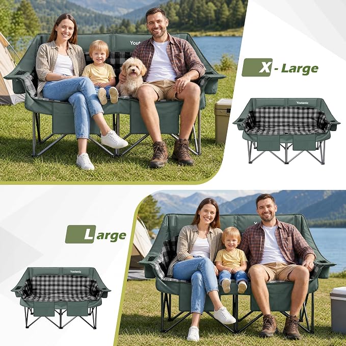 Youtanic 60" Extra Double Camping Chair, 700lbs Heavy Duty Padded Loveseat for Adults, Oversized 2 Person Folding Camp Couch with Dual Cup Holders, Portable Plaid Lawn Chair for Outside, Sports, Gray