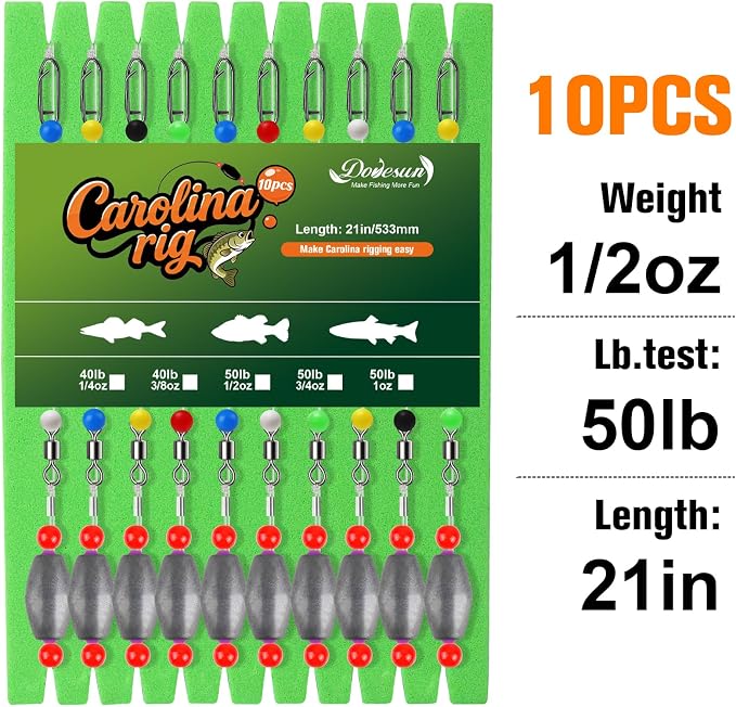 Dovesun 10/5PCS Ready Tied Carolina Rig Kit for Bass Fishing Catfish Rig Catfish Hook Kit with Bass Hooks, Swivel, Fluorocarbon Line, Weights