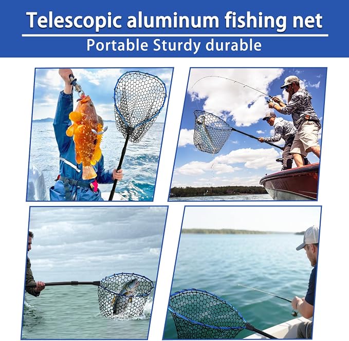 Telescoping Metal Lock Fishing Net Blue Aluminum Alloy Rubber Fish Net - Adjustable Length Lightweight Foldable Large Fishing Net with Handle Collapsible Extendable Fishing Accessories