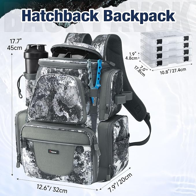 Piscifun Fishing Backpack with 2 Rod Holders & 4 Tackle Boxes, Large Tackle Storage Bag With Rain Cover for Fishing Gear