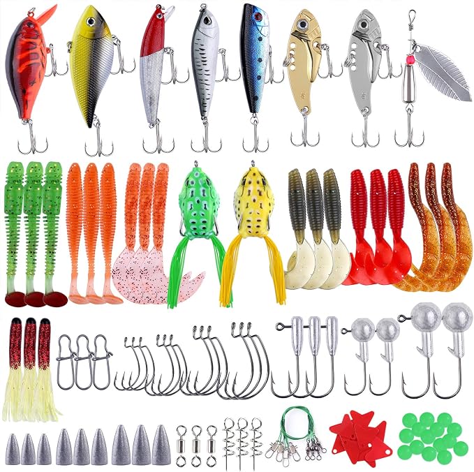 PLUSINNO Fishing Lures Fishing Tackle Box Fishing Gifts for Men, Bass, Trout Fishing Accessories Kit for Saltwater & Freshwater Fishing Gear Including Topwater Lures, Hooks, Spinnerbaits