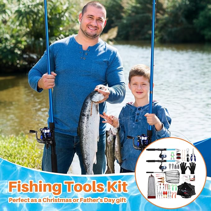 MiniInflat Telescopic Fishing Rod and Reel Combo, 6.89ft 2pcs Collapsible Rod with Plier Lip Gripper Lures Carrier Bag Pre-Loaded Spinning Reel Saltwater Freshwater Fishing Pole Kit