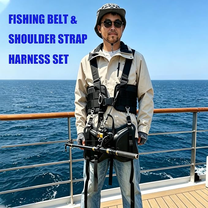 Fishing Belt & Shoulder Strap Harness Set, Enhanced Protection Shoulder Back Support System, with Rod Locking Buckle, Offshore Big Game Fishing Fighting Gear