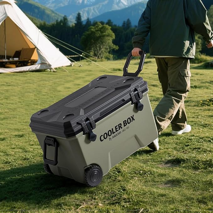JEKO&JEKO 60QT Portable Wheeled Cooler with Ice Packs, Long Insulated Ice Chest with Dual Latches, Cup Holders, Bottle Opener & Drain Valve, Ideal for Camping, Fishing, Picnic, Beach (Black & Gray)