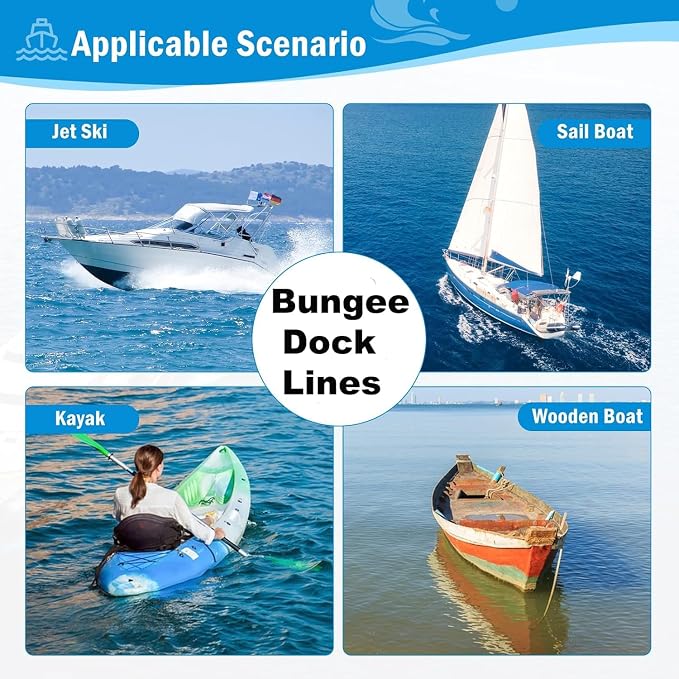 Bungee Boat Dock Line, Boat Rope with Double 316 Stainless Steel Clips Accessories for Bass Boat, Kayak, Pontoon, Watercraft, Waverunner, SeaDoo, Canoe,2Packs,4-6FT,Blue