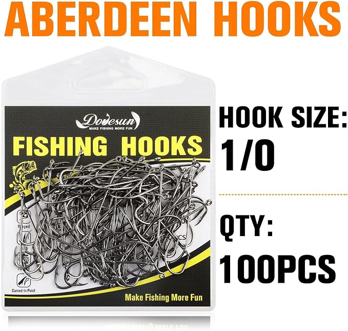 Dovesun Fishing Hooks Freshwater Aberdeen Fishing Hooks 100Pcs Long Shank High-Carbon Steel Worm Hooks Small Bass Trout Crappie 12# 10# 8# 6# 4# 2# 1# 1/0 2/0