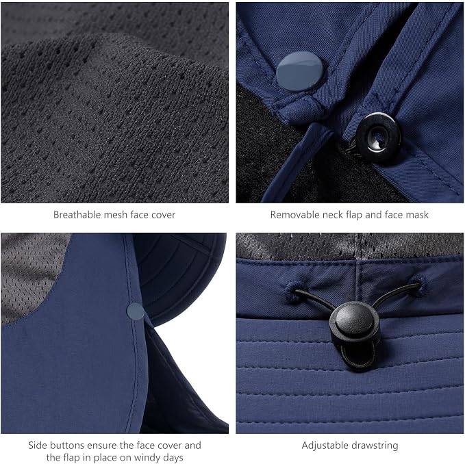 BASSDASH UPF 50+ Breathable Sun Hat with Removable Face Cover and Neck Flap Wide Brim Bucket Hat for Fishing Hiking Men Women