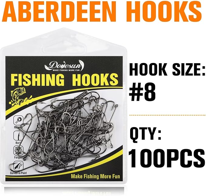 Dovesun Fishing Hooks Freshwater Aberdeen Fishing Hooks 100Pcs Long Shank High-Carbon Steel Worm Hooks Small Bass Trout Crappie 12# 10# 8# 6# 4# 2# 1# 1/0 2/0