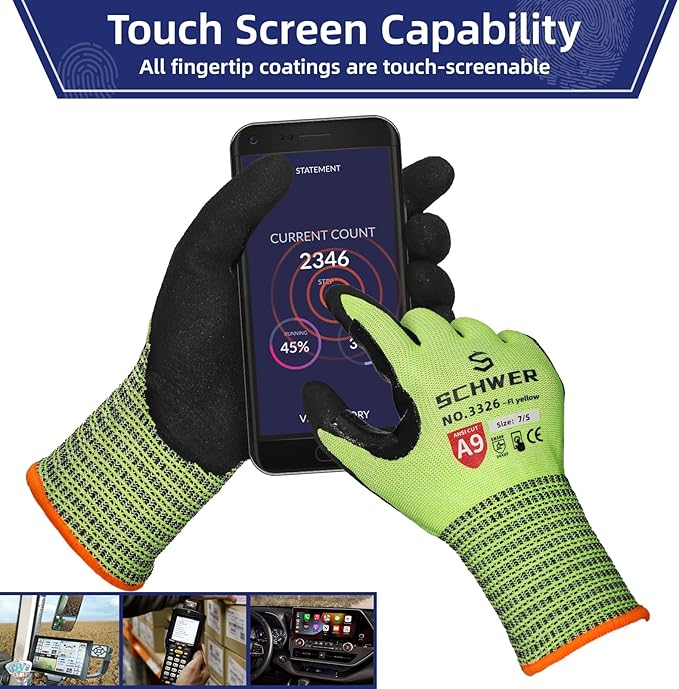 Schwer ProGuard Highest Level Cut Resistant Work Gloves PR3326 for Extreme Protection,ANSI A9 Cut Gloves with Reinforced Thumb, Non Slip, Breathable, Durable, Touch-screen, Yellow1 Pair(S)