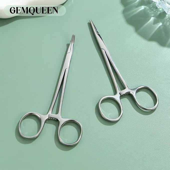GEMQUEEN Piercing Curved and Straight Forceps for Changing Jewelry - 316L Surgical Stainless Steel Pliers Tool Set Locking Tweezers Clamps for Removal Earrings Lip Nose Rings 2 PCS