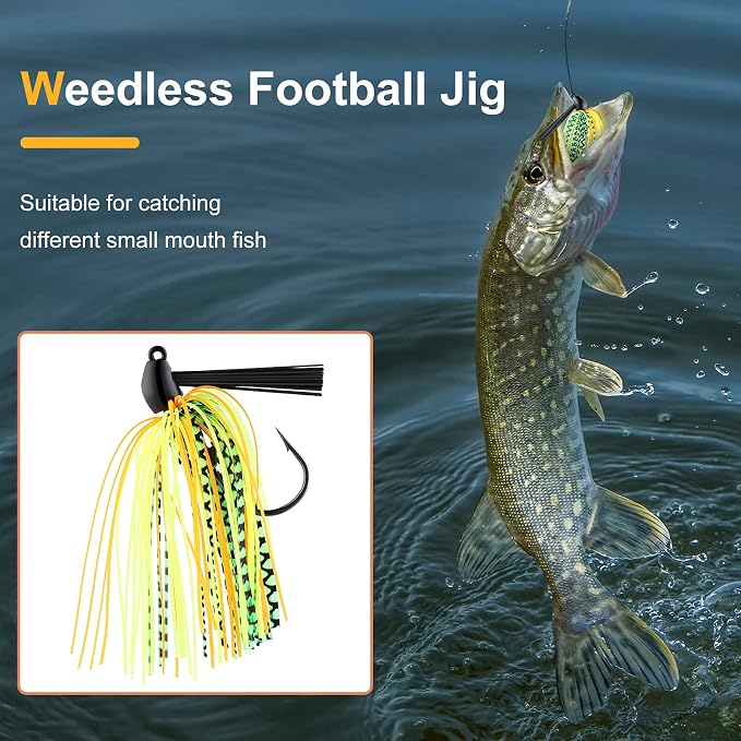 Sumind 8 Pcs Bass Fishing Jigs Bass Weedless Football Jig Metal Football Head Kit Swim Silicone Skirts Weed Guard Flipping Lures, Colorful, 10 G/ 3/8 oz
