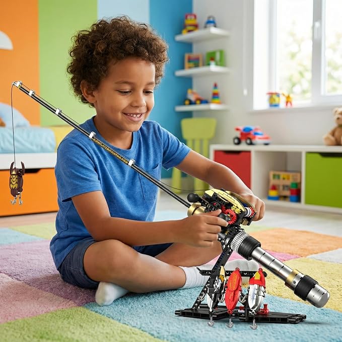 Fishing Rod Building Kit, Designed for Fishing Enthusiasts, is a LEGO-Compatible STEM Construction Toy Suitable for Children and Adults as a Home Decor Gift.