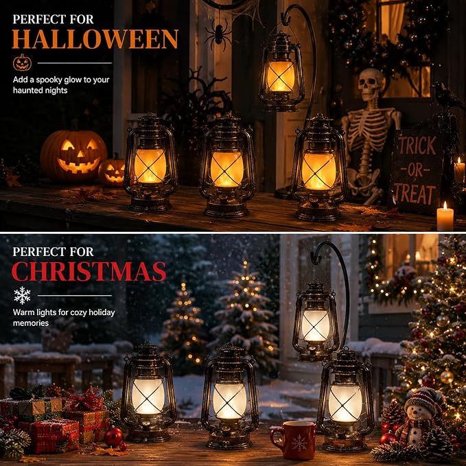 Lantern LED Battery Powered Camping Lamp Outdoor Hanging Rechargeable Lantern Flickering Flame Retro Lanterns Remote Control 4 Modes Light Non-Solar 2 Pack