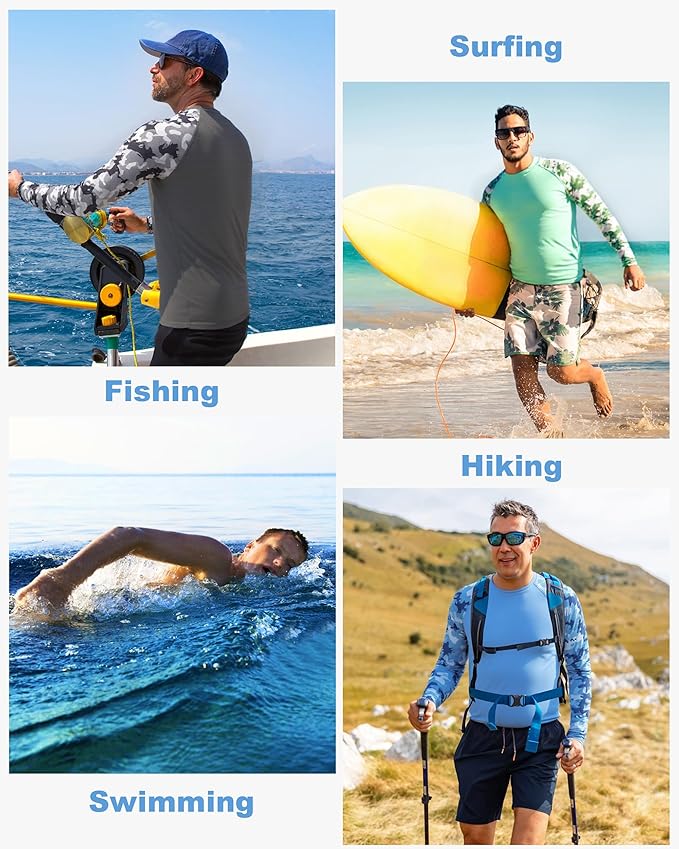 FISHEAL Men's Long Sleeve Fishing Shirts, UPF 50+ Camo Sun Protection Rash Guard, UV Shirt for Swimming Hunting Outdoor