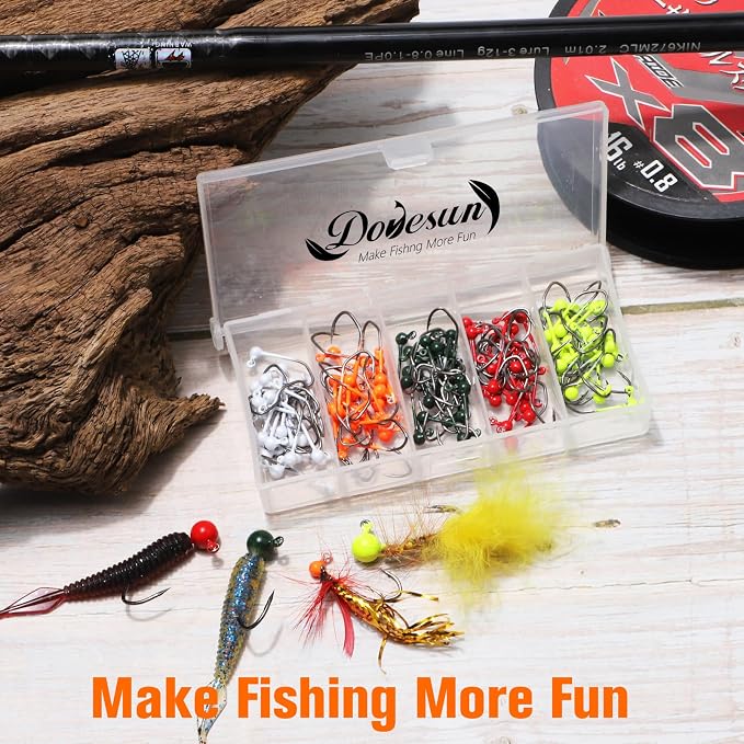Dovesun 100pcs Fly Tying Jigs Kit, Jig Heads for Fly Fishing 1/124oz 1/80oz 1/64oz 1/32oz 1/16oz Jig Head Small Fly Fishing Hooks DIY Lure Making Kit Suit for Tying Flies | Crappie Lures