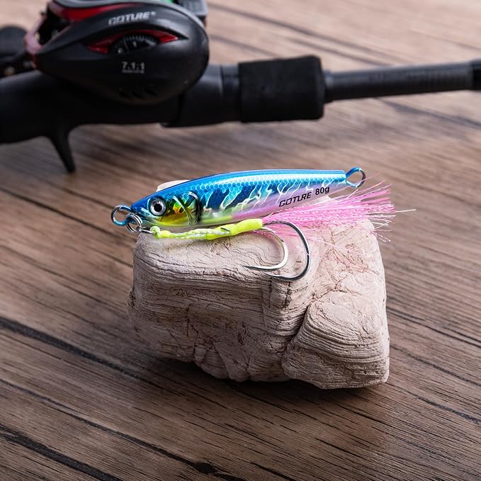 Goture Fishing Jigs Saltwater, 60g/80g/100g/150g Vertical Jigging Lures with Double Assist Hooks, Speed Fast Fall Jig Deep Sea Fishing Jigging Spoon Lures for Tuna,Salmon,Grouper Snapper, Kingfish