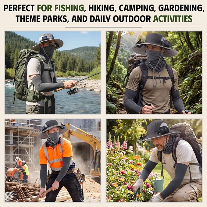 Syhood Solar Powered Fan Hat Neck Gaiter Arm Sleeves Sun Bucket Hat with Fan Cooling Wide Brim Hats for Fishing Hiking