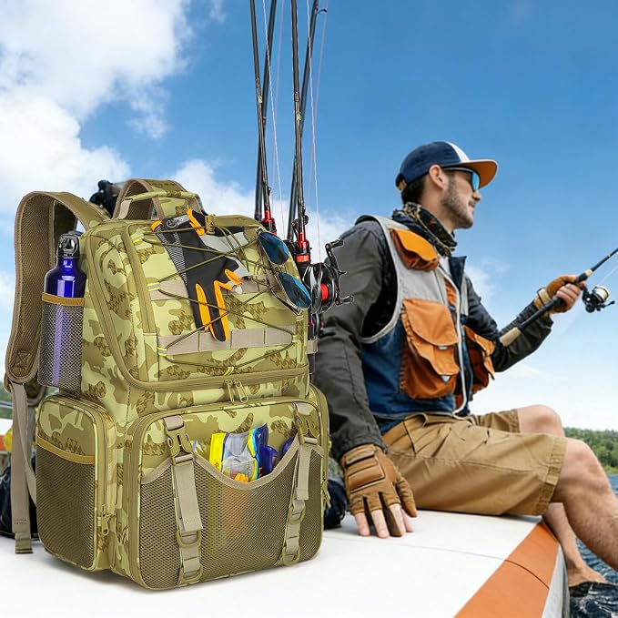 RUCYEN Fishing Backpack, 45L Large Cooler Fishing Tackle bag with Rod Holders & Rain Cover, Water-resistant Store Gear (Khaki Camo(With 4 Tackle Boxes))