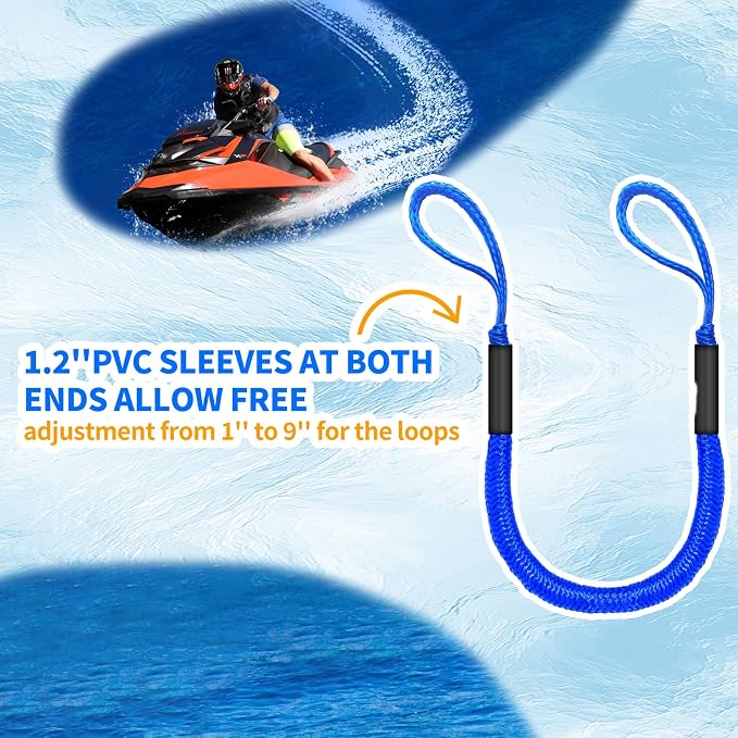 4-Pack Bungee Dock Lines for Boats with Loops, Boat Tie Downs for Docking, Adjustable Boat Mooring Rope for Pontoon, Jon Boat & PWC (Blue, 4 FT)
