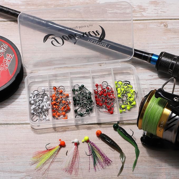 Dovesun 100pcs Fly Tying Jigs Kit, Jig Heads for Fly Fishing 1/124oz 1/80oz 1/64oz 1/32oz 1/16oz Jig Head Small Fly Fishing Hooks DIY Lure Making Kit Suit for Tying Flies | Crappie Lures