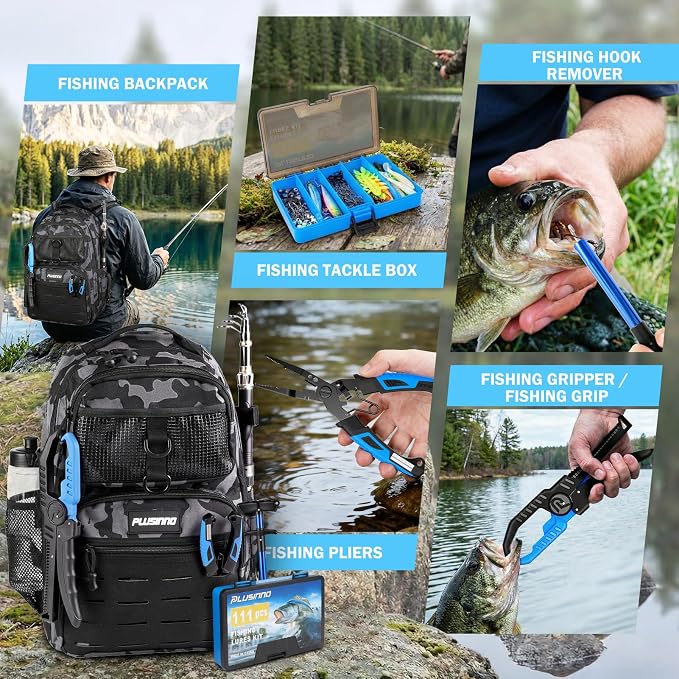 PLUSINNO Fishing Gear, Fishing Backpack with Fishing Rod, Tackle Box, Waterproof Tackle Backpack with Rod Holders,Lures, Tools, Pliers & Accessories, Fish Gifts for Men