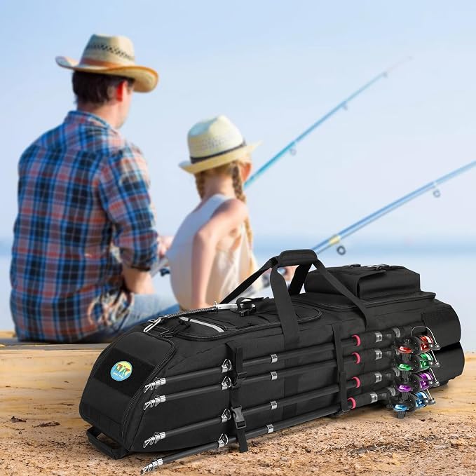 Rexmica Fishing Backpack Holds 8 Rods & Reels, Fishing Tackle Bag with Compartment for Tackle Boxes, Fishing Gear or Equipment, Fishing Rod Case Backpack, Fishing Pole Bag with Tactical Molle System