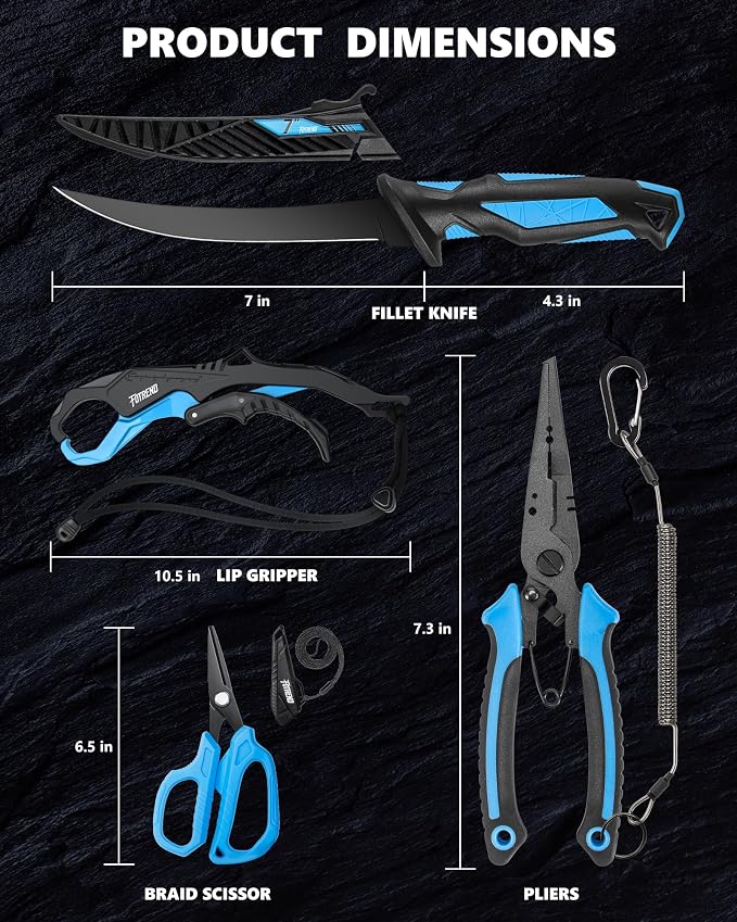 Fishing Tool Kit, Fishing Gear - Fishing Plier with Sheath, Fillet Knife, Fishing Scissors, Fish Lip Gripper, Tool Retractor, Keychain Bottle Opener, Fishing Gifts for Men