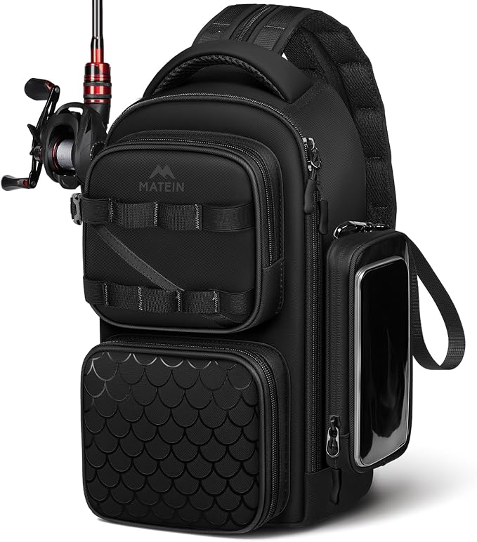 MATEIN Fishing Sling Bag with Lure Rod Holder & Phone Pouch, Waterproof 3600 Tackle Box Backpack with Removable Bait Binder
